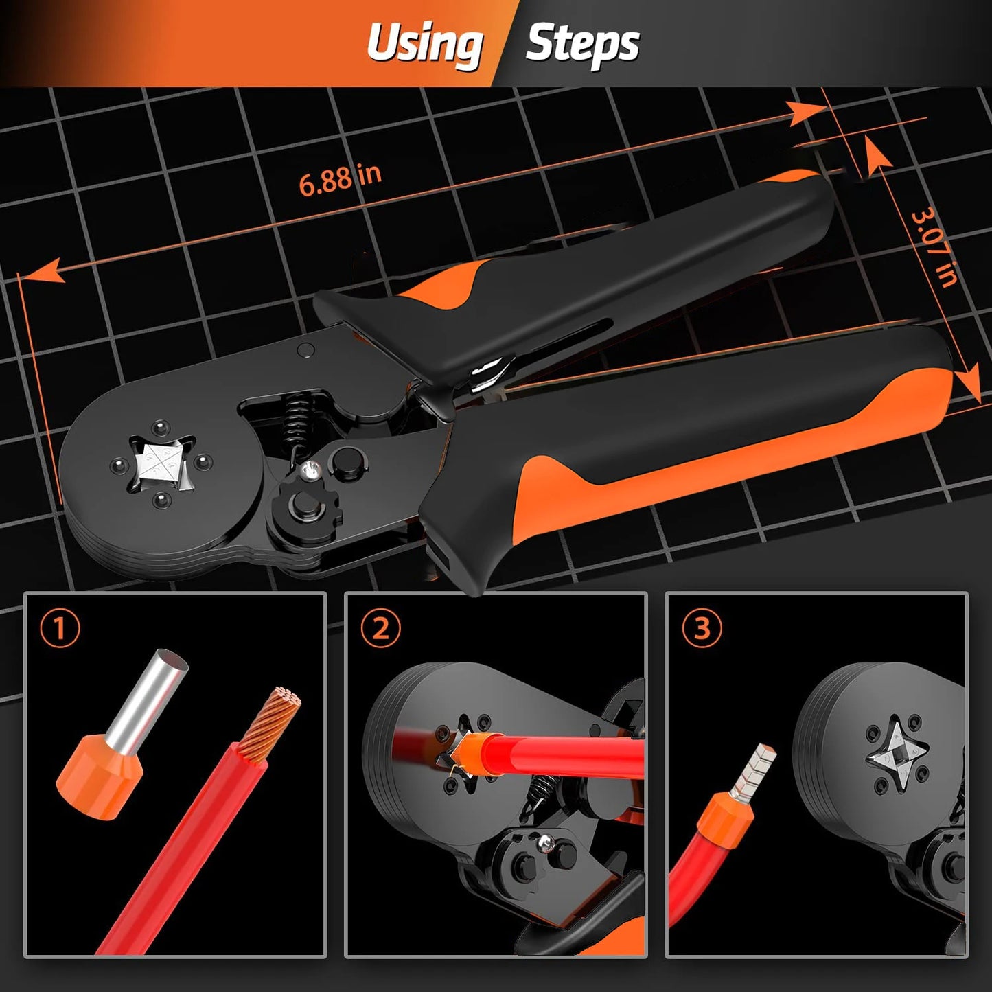 Hexagonal Self-Adjustable Ratchet Ferrule Crimping Tool Kit 23-7AWG 0.25-10mm² Crimper Kit with Ferrule Sleeves Wire Terminals