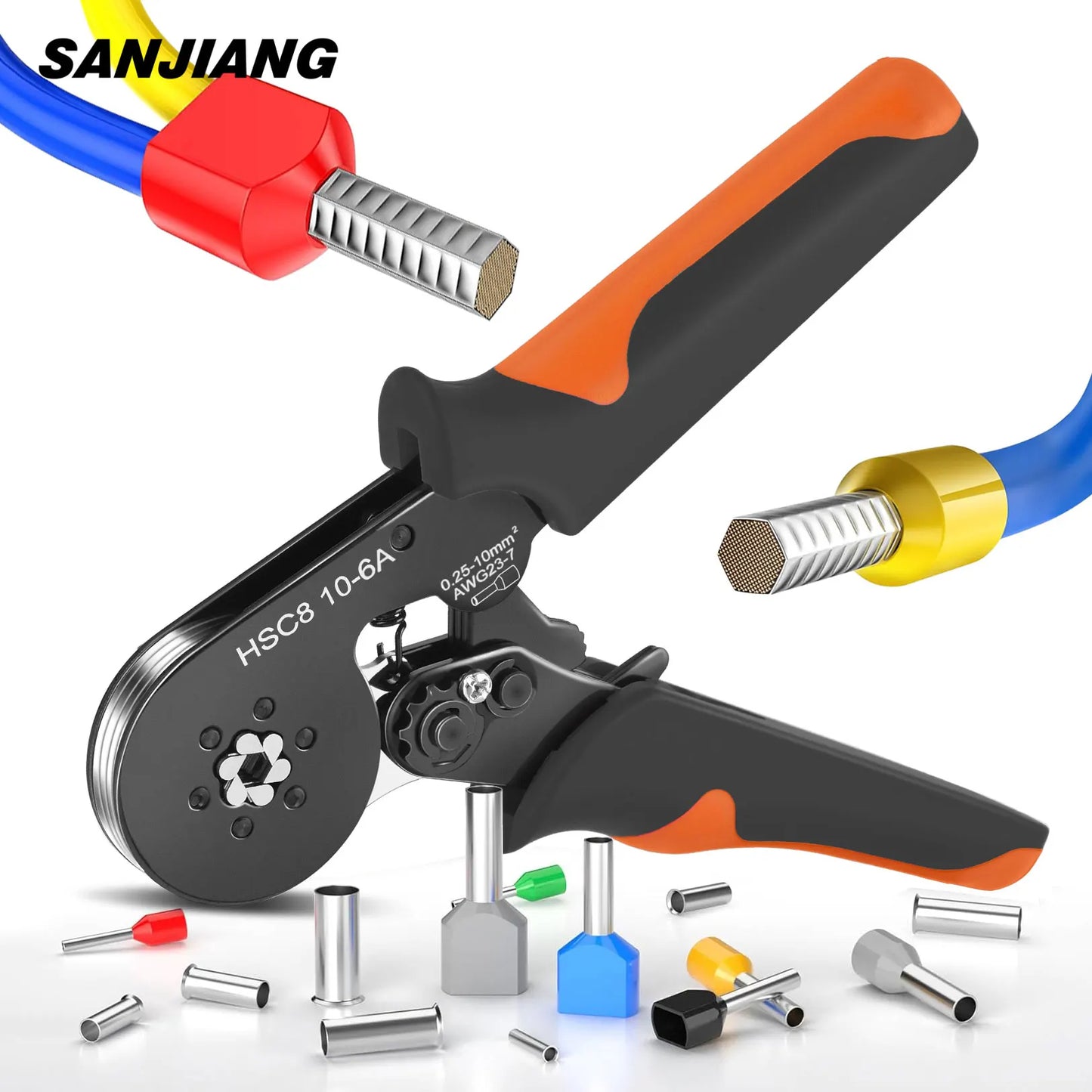Hexagonal Self-Adjustable Ratchet Ferrule Crimping Tool Kit 23-7AWG 0.25-10mm² Crimper Kit with Ferrule Sleeves Wire Terminals